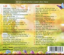 Zwei Listen von Songs auf zwei CDs sind aufgeführt, jeweils nummeriert mit Interpret und Titel. Oben steht "40 wunderschöne Lieder fürs Herz". Unten sind Logos von BMG und Telamo sowie ein Barcode.