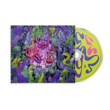 Illustration: Bunte, surreale Kreaturen in lebendigen Farben, umgeben von einem Chaos aus Tieren und Figuren. CD mit psychedelischem Design.