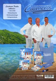 Limitierte Fanbox inklusive: CD & DVD, Einkaufstasche, Schlüsselanhänger, Autogrammkarte. Calimeros Schriftzug, drei Männer in Weiß vor Meer und Insel.