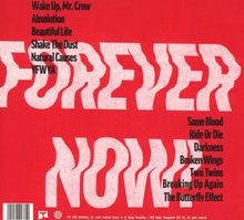 Songtitel in zwei Spalten, roter Hintergrund, großer weißer Text "FOREVER NOW" diagonal im Hintergrund.