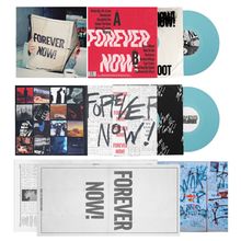 Texte: "FOREVER NOW!", "Wake Up, Mr. Crow", "Game Blood". Zwei blaue Schallplatten, bunte Bildcollagen.