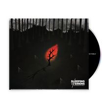 Text: "Sleeping with Sirens, An Ending in Itself". Illustration: Ein brennender Zweig in einem finsteren Wald.