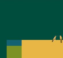 Zwei goldene Vögel unten rechts, bunte Rechtecke unten links: dunkelgrün, blau und gelb. Hintergrund in Dunkelgrün.