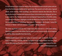 Text beschreibt Synthesizer-Musik mit reicher Farbenpalette und improvisierten Stücken. Hintergrund: organische Form in Rot.