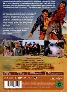 Text: Westernklassiker von Don Siegel mit Audie Murphy. Sonderauflage mit DVD, Blu-ray, 24-seitigem Booklet. Illustration: Zwei Cowboys in Aktion.