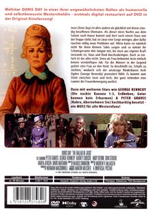 "Doris Day als humorvolle Westernheldin, digital restauriert auf DVD. Szenenbilder zeigen Westernstil und Spannung."