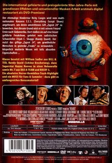 Der Text beschreibt eine preisgekrönte 90er-Horror-Komödie namens "Freaked". Oben bunter, einäugiger Charakter.