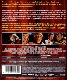 Direkt zu Beginn stehen Informationen zu einer Blu-ray-Premiere eines 90er-Jahre-Films mit grotesken Transformationen. Darunter sind drei Szenen mit Personen, die überrascht und verwandelt wirken.