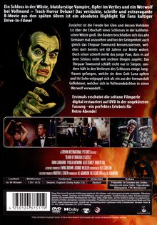 Texts are about a film called "Blood of Dracula's Castle," featuring elements like vampires and werewolves. An illustration shows a sinister face with sharp features, and there are small film stills showing scenes of suspense.