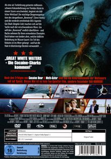 „GREAT WHITE WATERS - Die Cocaine-Sharks kommen!“ Ein riesiger Hai jagt einen Taucher. Szenen aus einem actiongeladenen Film.