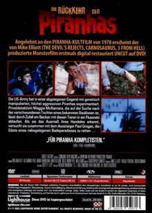 Texte: "Die Rückkehr der Piranhas", "Für Piranha Komplettisten", "Die US-Army hat in einer abgelegenen Gegend...". Blutige Filmszenen.