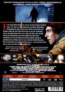 Spannender Verfolgungsthriller für Fans von DUELL, HITCHER. Dunkle Szene: Person im Schnee mit Axt. Rechts Mann in Nahaufnahme.