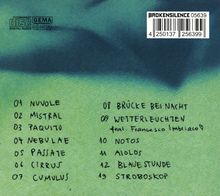 Trackliste: Nuvole, Mistral, Paquito, Nebulae, Passate, Cirrus, Cumulus, Brücke bei Nacht, Wetterleuchten, Notos. Blau-grüne Aquarell-Illustration.