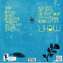 Ein türkisfarbener Hintergrund mit gelber Schrift, Blumenillustrationen und handschriftlich wirkendem Text.