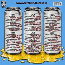 "Drei Bierdosen mit Tracklisten von verschiedenen Bands und Titeln auf blauem Hintergrund, oben 'WWW.WOLVERINE-RECORDS.DE'."