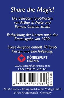 "Share the Magic! Die beliebten Tarot-Karten von Arthur E. Waite und Pamela Colman Smith. Enthält 78 Karten, Anleitung."