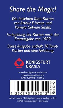"Share the Magic!" Bekannt für Tarot-Karten, 78 Karten und Anleitung. Logo in Form eines roten Herzes mit Text.