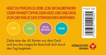 Hast du Fragen zu Liebe, Job, Wohlbefinden oder Familie? Bunte Punkte und Texte auf gelbem Hintergrund, mit einem Barcode.