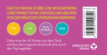 "Hast du Fragen zu Liebe, Job, Wohlbefinden oder Familie? [...] Ziehe eine der 40 Karten [...] Königsfurt Urania. Farbige Kreise im Hintergrund."