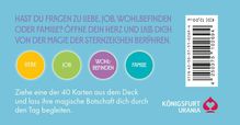Text über Horoskop-Themen, bunte Kreise mit "LIEBE", "JOB", "WOHLBEFINDEN", "FAMILIE". Logo von Königsfurt Urania.