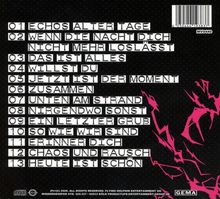 Liste von 13 Titeln, darunter "ECHOS ALTER TAGE". Rechteckiges Design mit rosa abstraktem Muster und Barcode oben rechts.