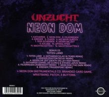 Cover mit Titeln einer Musik-CD in lila Hintergrund. Oben in Rot "UNZUCHT", darunter in Neon "NEON DOM". Enthält Tracklist.