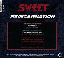 "SWEET REINCARNATION" in großen Buchstaben, gefolgt von einer Songliste. Dunkler Hintergrund mit rotem und weißem Text.