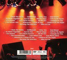CD und DVD Titelliste vor rotem Hintergrund mit Scheinwerfern: "I Rule The Ruins", "Hellbound", "Only You", "Bad Blood".