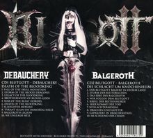 Text: DEBAUCHERY, BALGEROTH und Titeln. Dunkle, eindrucksvolle Figur in weißem Make-up und schwarzem Outfit.