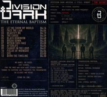 Das Bild zeigt einen Album-Cover mit dem Titel "DIVISION DARK – THE ETERNAL BAPTISM". Links ist eine Trackliste mit zwölf Titeln und deren Dauer zu sehen. Rechts gibt es eine Art Datei mit dem Vermerk "TOP SECRET" und Informationen wie "OPERATION: THE ETERNAL SEQUENCE" und "MISSION: REACTIVATE THE HUMAN FREQUENCY". Darunter sieht man drei Personen in Kapuzenjacken vor einer futuristischen Stadtlandschaft. Texte betonen Geheimhaltung und eine übernatürliche Mission.