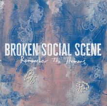 Text: "BROKEN SOCIAL SCENE Remember The Flowers". Abstraktes Gemälde in blau und rosa mit weißen Pinselstrichen.