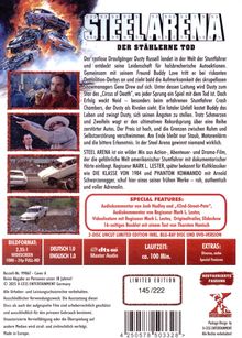 Text: "STEEL ARENA DER STÄHLERNE TOD... Special Features: Audiokommentar... 2-Disc Uncut Limited Edition inkl. Blu-ray Disc und DVD-Version..."

Beschreibung: Oben explodierende Autos, darunter Szenen aus einem Actionfilm mit Stuntfahrern.