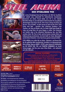 "STEEL ARENA", "DER STÄHLERNE TOD", "SPECIAL FEATURES", "LIMITED EDITION 049/111". Actionfilm über Stuntfahrer.