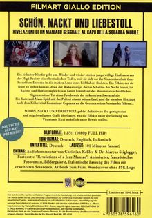 "FILMART GIALLO EDITION" oben, "SCHÖN, NACKT UND LIEBESTOLL" darunter. Zwei Filmszenen-Bilder, Text beschreibt Thriller-Plot.