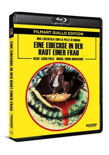 „Eine Eidechse in der Haut einer Frau“ steht in großen Buchstaben auf gelbem Hintergrund. Darunter ein bedrohliches Bild.