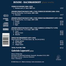 CD-Cover: "BUSONI - RACHMANINOFF piano works" mit Werken u.a. von Busoni, Bach, Rachmaninoff. Pianist: Gabriele Leporatti.