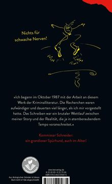"Nichts für schwache Nerven!" steht oben. Unten: Zitat über Kriminalroman und "Kommissar Schneider: ein grandioser Spürhund...". Zeichnung eines rennenden Strichmännchens.