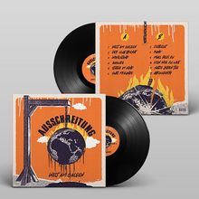 Die Texte listen Songs einer Schallplatte auf. Die Illustration zeigt eine brennende Welt am Galgen auf orangefarbenem Hintergrund.