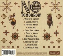 Text oben: "No Tomorrow" und ein Logo mit "The Builders and the Butchers".  
Daneben Illustrationen von skurrilen Kreaturen und Mustern. Nummerierte Titel. Unten: Barcode und Text.