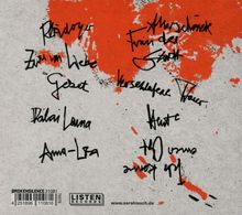 Handgeschriebene Wörter: "König", "Zur falschen Zeit", "Gesetz", "Anna-Lena", "Altersheim", "Heute". Roter Farbeffekt.