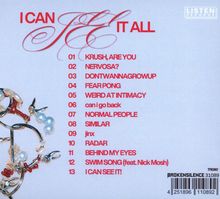 Trackliste in roter Schrift: Titel wie "I CAN SEE IT ALL", "KRUSH, ARE YOU", "SWIM SONG" u.a. Ansicht einer detaillierten Illustration links.