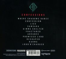 "CONFESSIONS" in Rot, darunter Liedtitel: "WHERE SHADOWS DANCE", "CONFESSION", "LIES", etc. Logo oben, schwarz-weißer Hintergrund.