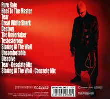 Titel: Pure Hate, Heel To The Master, Tear, Great White Shark, Figur in schwarzer Kleidung auf rotem Hintergrund.