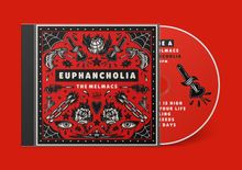 Text: "Euphanchoia", "The Melmacs". Grafik: rote und schwarze Illustrationen mit Rosen, Schlangen und Herzen.