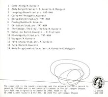 Liste von 14 Liedern, darunter "Come Along/A.Kuvezin" und "Amdy Baryp(remix)/trad.arr. A.Kuvezin-K.Mongush". Logo unten rechts.