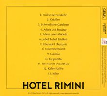 Ein gelber Hintergrund mit einer Liste von 13 Titeln, darunter "Prolog (Fernverkehr)" und "Hilde". Darunter "HOTEL RIMINI".
