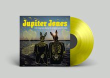 "Jupiter Jones: Ich trag den Sarg, Du trägst was Buntes" - Illustration mit gelbem Vinyl. Zwei Figuren im Wasser, Sarg und Ballons.