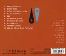 Trackliste mit Titeln wie "KRIEG IST MORD" und "BLACK EYES" auf orangefarbenem Hintergrund. Zwei tropfenartige Formen.