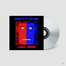 "Robots of the 80s" oben, "Logic Drama" unten. Illustration zeigt ein pixeliges Gesicht in roten und blauen Tönen.