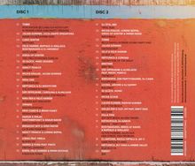 Zwei Listen mit Titeln: "DISC 1" und "DISC 2". Beide enthalten nummerierte Songtitel und Künstlernamen auf einem roten Hintergrund.